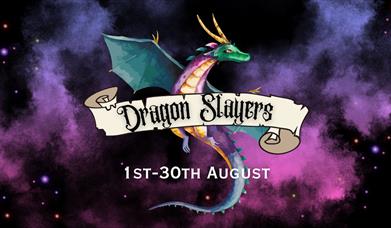 A colourful night sky with a painted dragon and the words dragon slayers over the top