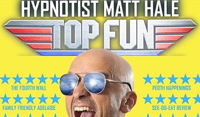A yellow image of Matt Hale the Hypnotist dressed like Top Gun Maverick