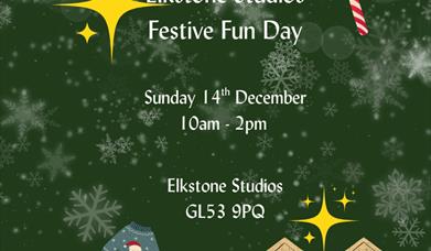 Dark green festive background with cartoon images of mangers and Christmas jumpers with white writing promoting the event