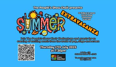 A bright blue graphic with the words The People's Show Choirs Summer Extravaganza on it