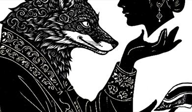 A silhouette of a fox spirit holding a slipper and a woman's head