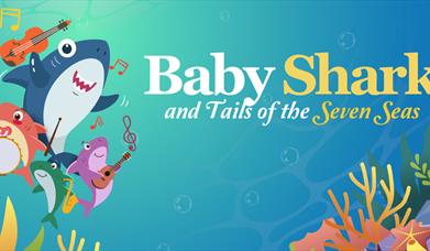 A graphic of four colourful sharks playing insturments under the sea